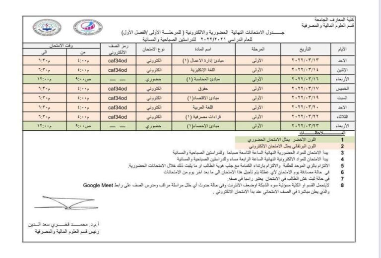 جدول الامتحانات النهائية للكورس الاول / المرحلة الاول